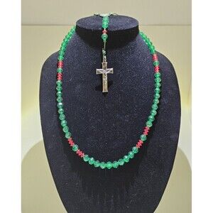 Vintage Catholic Rosary Green/Red Beaded Beaded Necklace Jesus/Mary Pendant